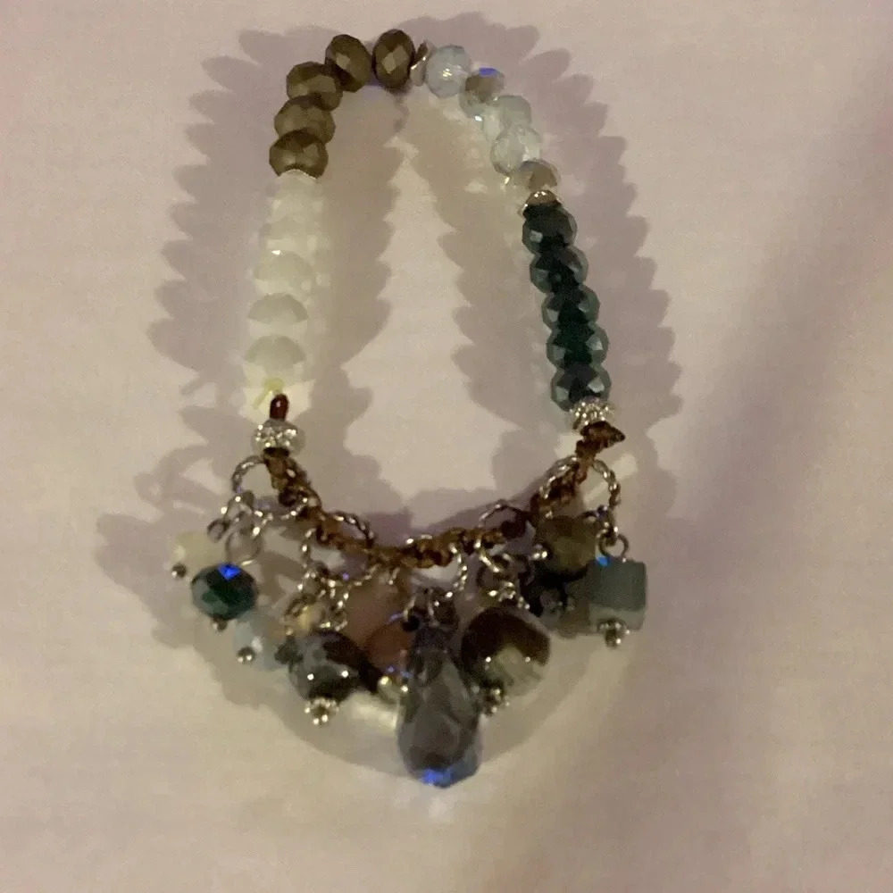 Blue Beaded Silver Tone Stretch Bracelet